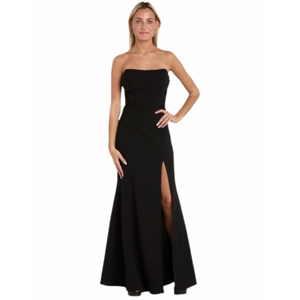Morgan & Co Long Formal Fitted Slit Prom Dress Black New 3 faux boning corset